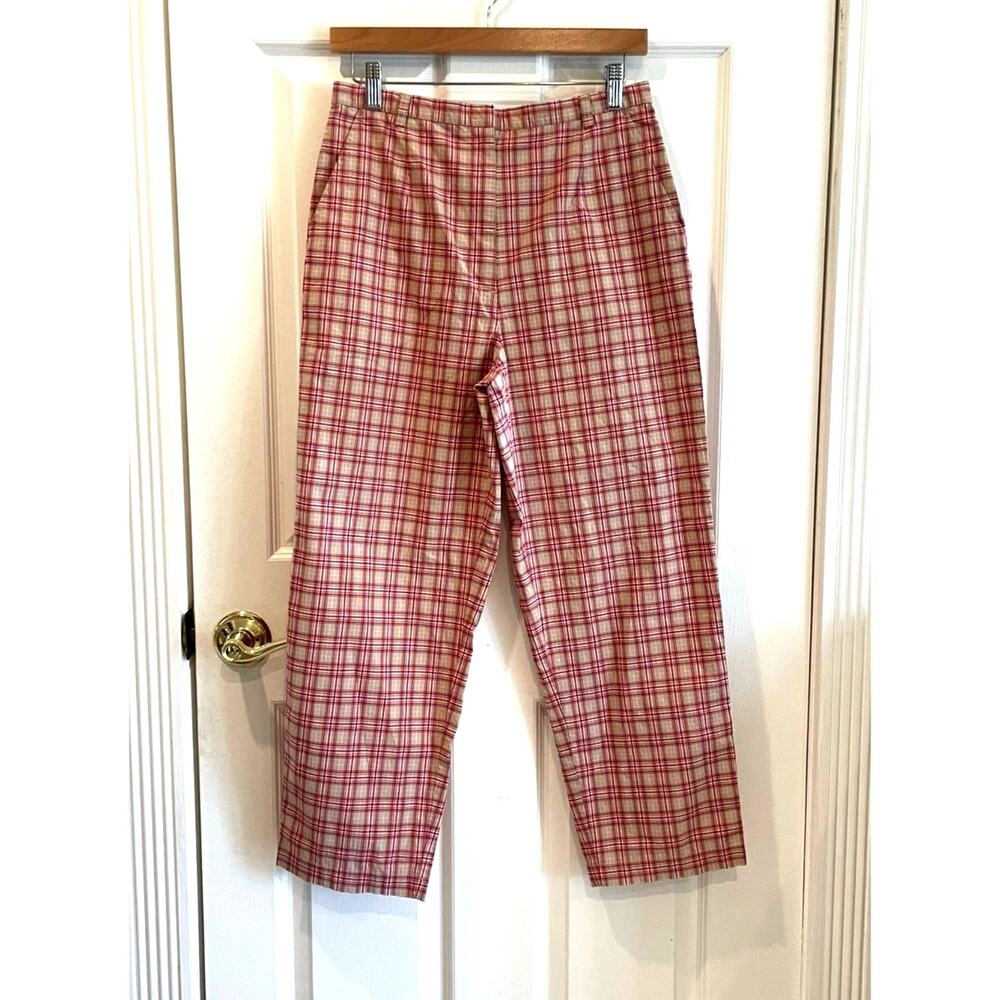 VTG Talbots Plaid Cropped Pants Red Beige Check Straight Leg Women's Size 8